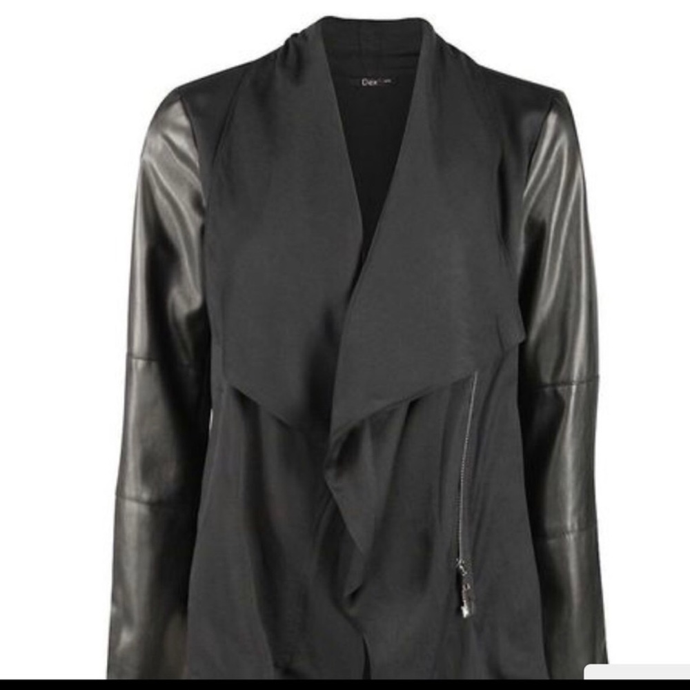 Dex black leather sleeve drape front jacket